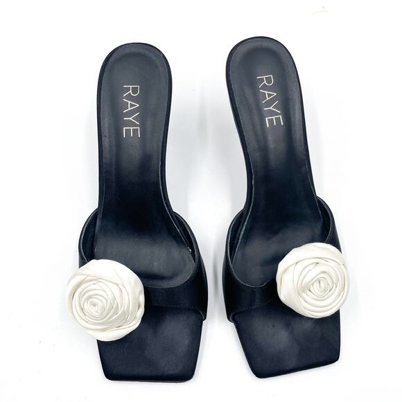 Raye Rosette Mules Black White Sandals Kitten Heels Square Toe Floral Sz 6.5 - Picture 3 of 10